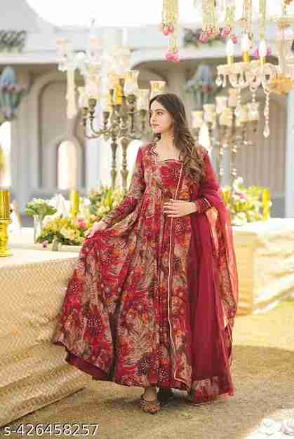 Women's Georgette Traditional Ethnic Anarkali Full Sleeves Floral Stitched Maroon Gown with DupattaKurt