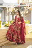 Women's Georgette Traditional Ethnic Anarkali Full Sleeves Floral Stitched Maroon Gown with DupattaKurt