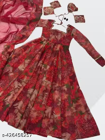 Women's Georgette Traditional Ethnic Anarkali Full Sleeves Floral Stitched Maroon Gown with DupattaKurt